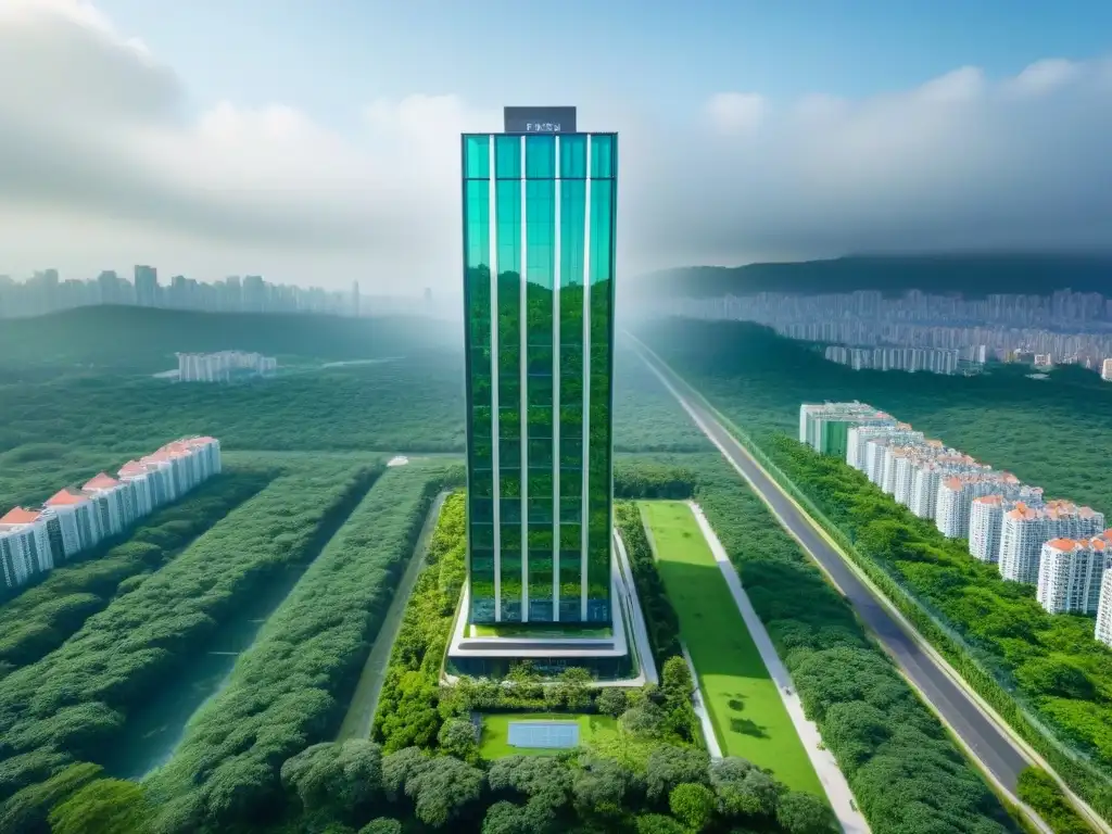 Arquitectura sostenible: Edificio moderno en parque verde Riesgos ambientales inversión inmobiliaria: Edificio moderno integrado con la naturaleza en parque verde