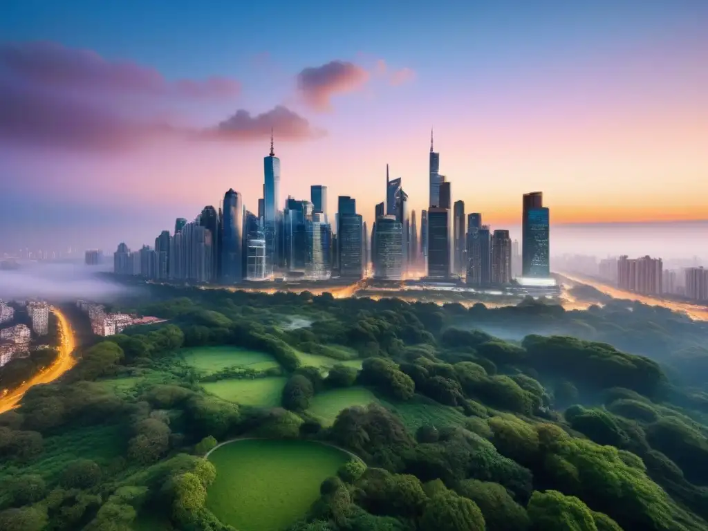 Metrópolis moderna al anochecer: luces cálidas y equilibrio ambiental Riesgos ambientales en inversión inmobiliaria: metrópolis moderna al anochecer, entre rascacielos iluminados y parque sereno