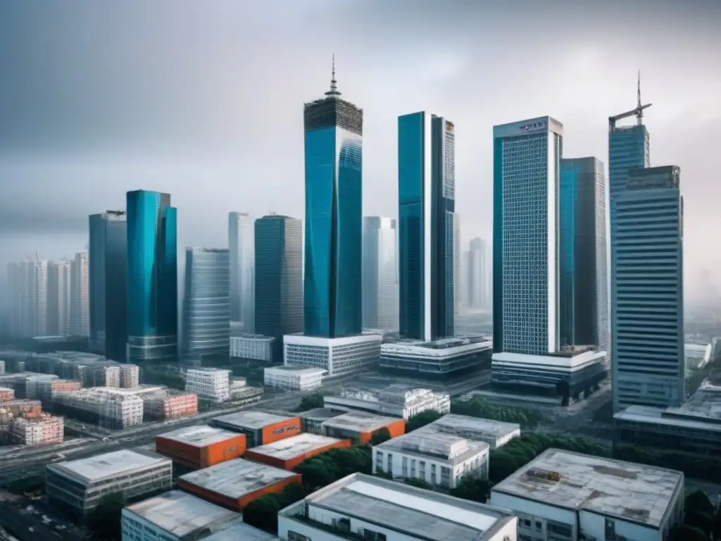 Riesgos de Deflación en Inversiones Inmobiliarias Riesgos de deflación en inversiones inmobiliarias: moderna ciudad con rascacielos deteriorados y vibrantes