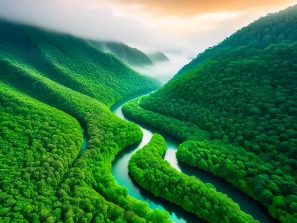Esplendor verde: río serpenteante en exuberante bosque Un río serpenteante destaca en un bosque verde exuberante con luz solar filtrándose entre los árboles