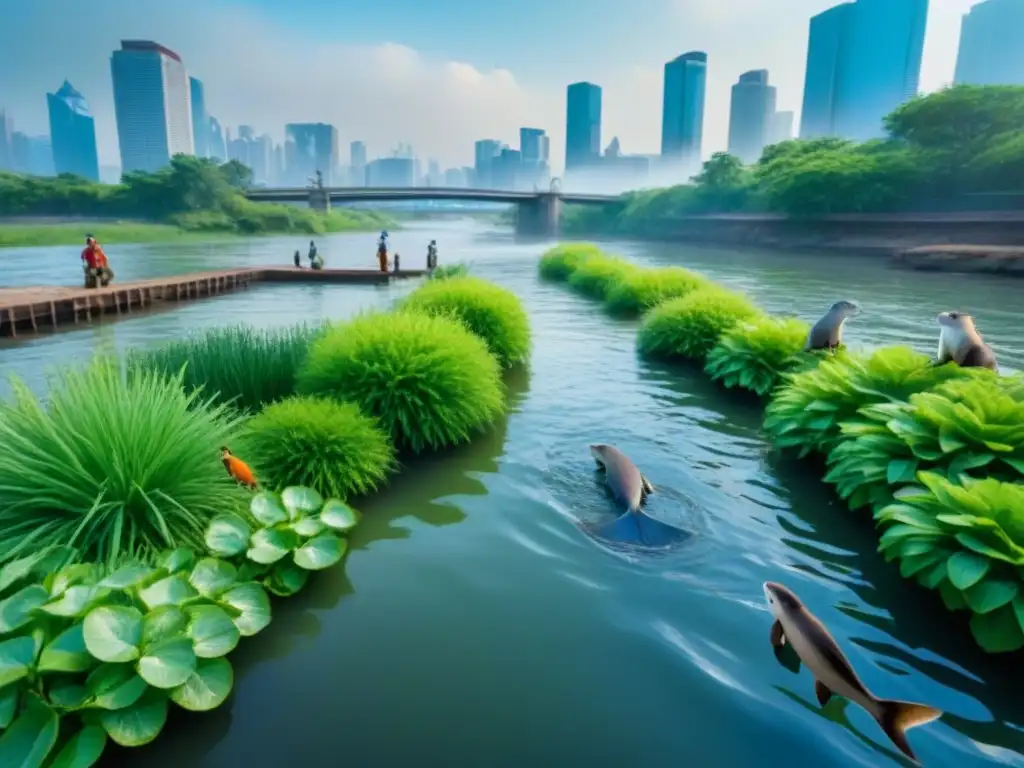 Río urbano restaurado: biodiversidad y armonía en la ciudad Un río urbano restaurado rebosante de biodiversidad: peces coloridos, aves vibrantes y una familia de nutrias jugando