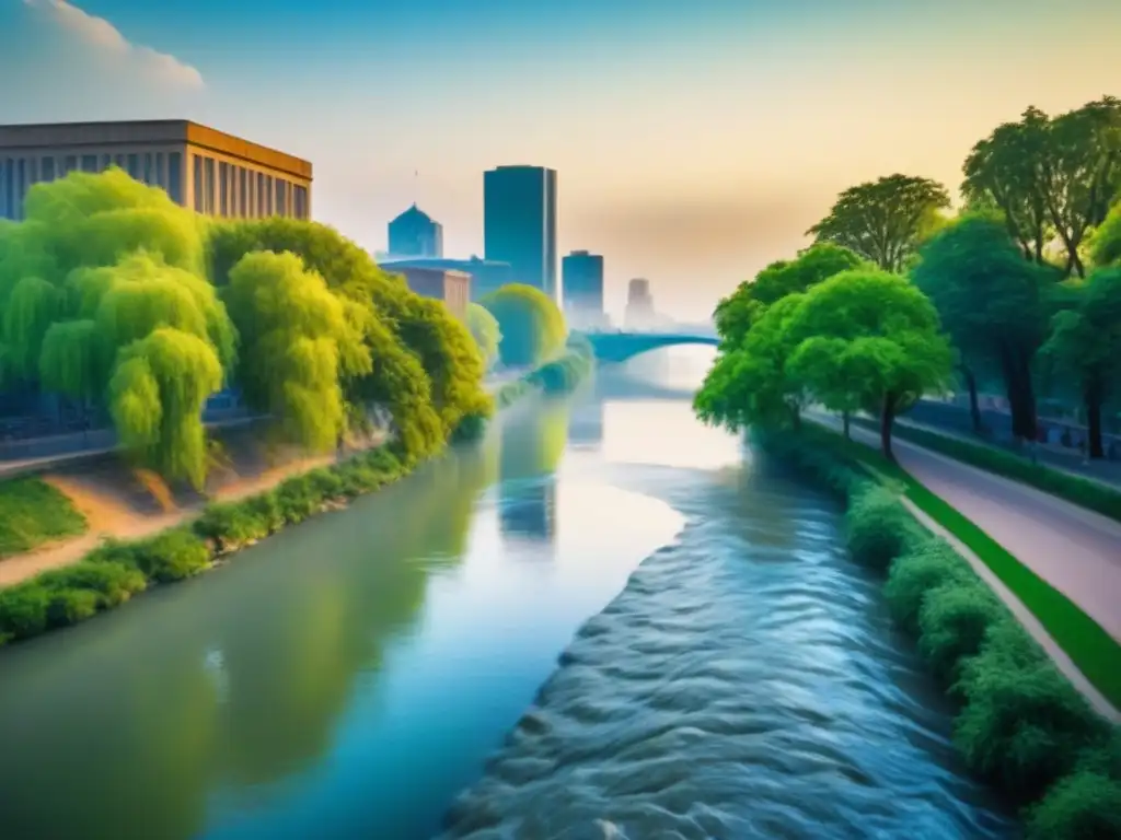Río urbano revitalizado: naturaleza y vida en armonía Un río urbano restaurado brilla con vida y biodiversidad, fusionando naturaleza y comunidad