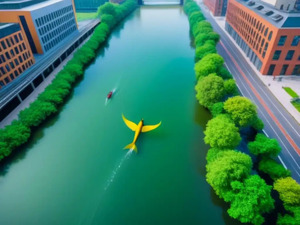 Río urbano revitalizado: naturaleza floreciente en armonía Un río urbano una vez contaminado transformado en vibrante ecosistema