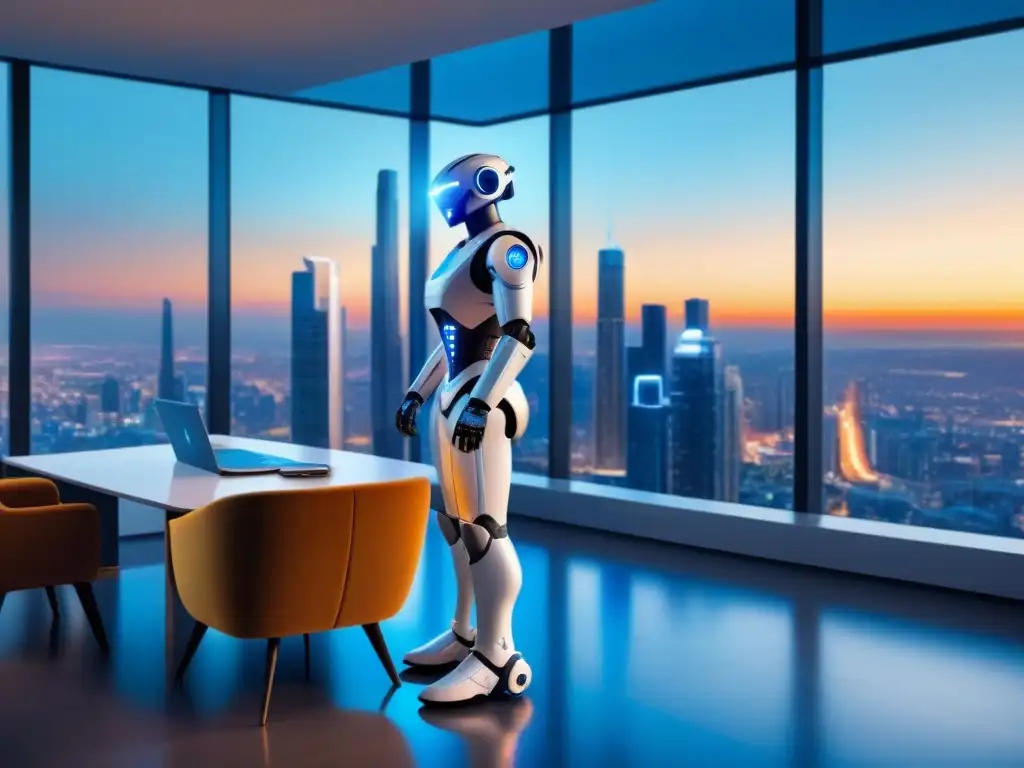 Un robot futurista interactúa con clientes en una oficina inmobiliaria moderna, mostrando un plano holográfico