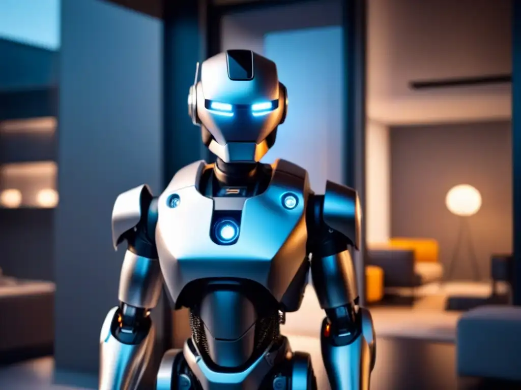 Un robot futurista con tecnología AI avanzada realiza un tour virtual en una casa moderna