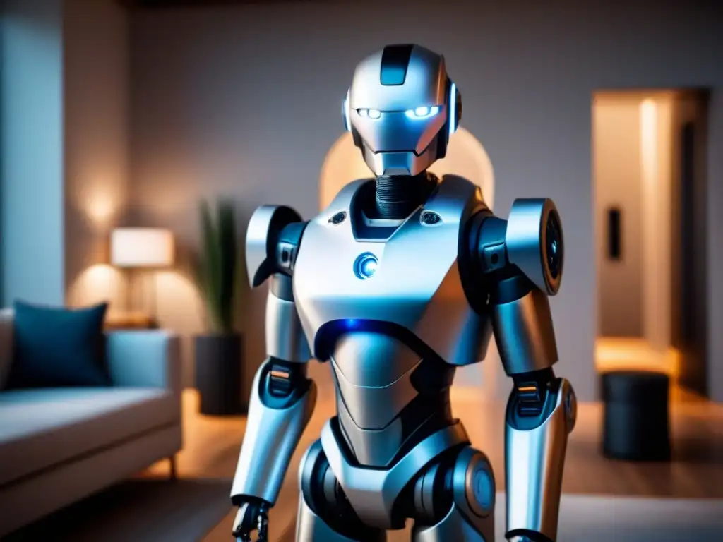 Un robot futurista guía a personas en una lujosa casa moderna, mostrando la innovación de los Robots en Bienes Raíces