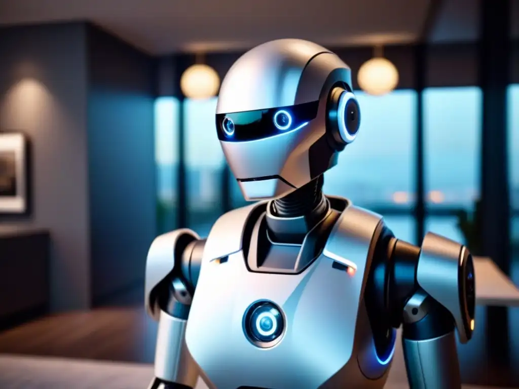 Un robot futurista guía una visita en una casa inteligente, mostrando la integración de robots en Bienes Raíces