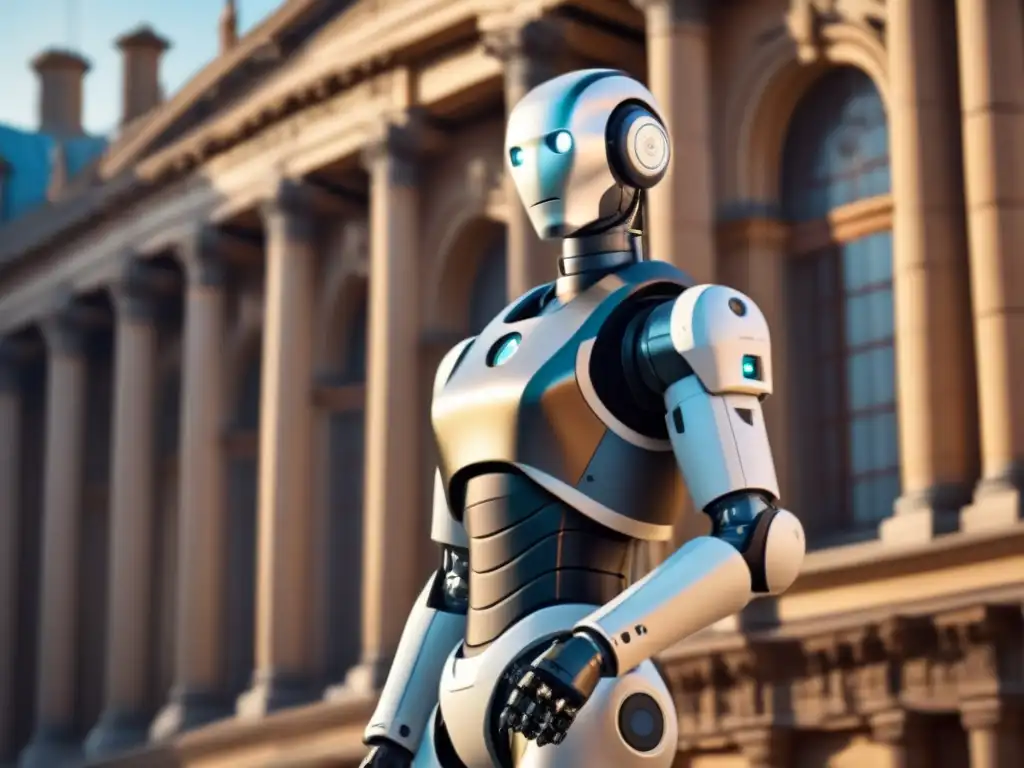 Robótica restauradora: fusión de tecnología y arquitectura histórica Robótica en restauración inmobiliaria: Un brazo robótico detallado restaura una fachada histórica, fusionando tecnología avanzada con arquitectura tradicional