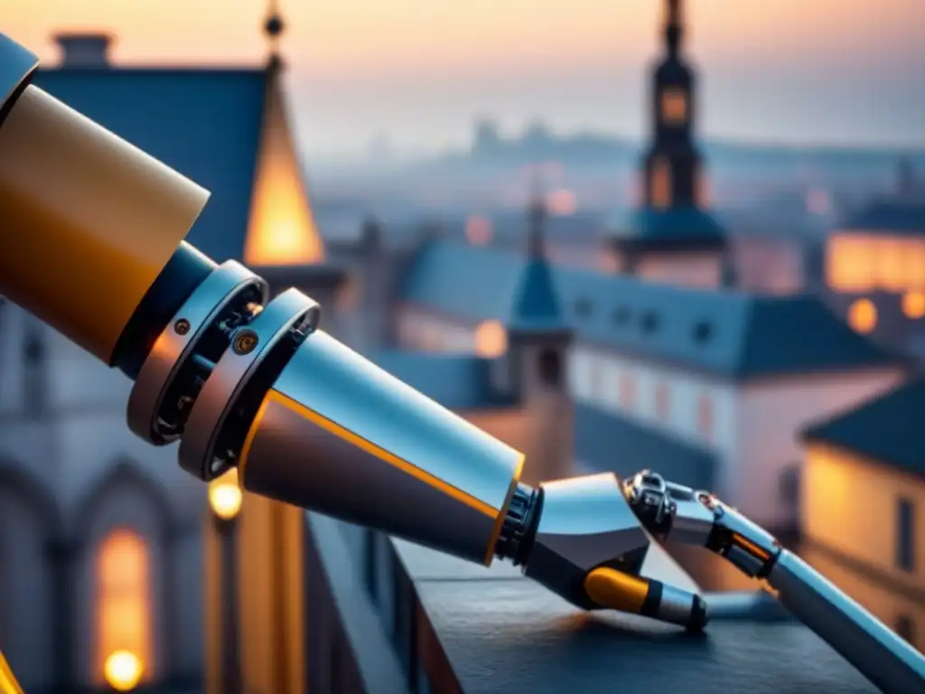 Restauración robótica de fachada histórica en 8k Robótica en restauración inmobiliaria: Brazo robótico restaurando detalles arquitectónicos en edificio histórico