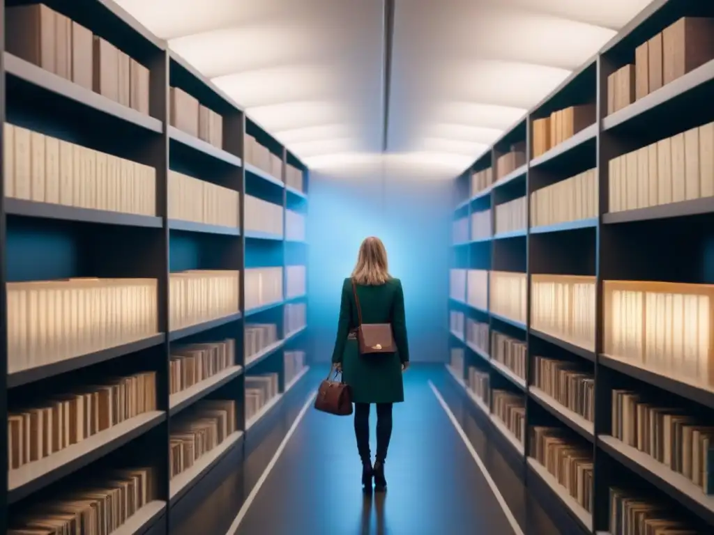 Salón de archivos históricos: luz LED resalta documentos antiguos Una sala de archivos de vanguardia con estanterías meticulosamente organizadas, iluminadas por luces LED suaves