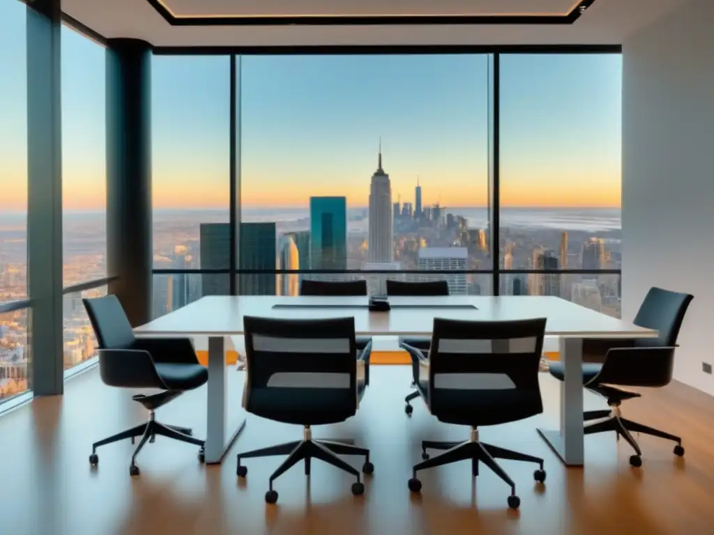 Consejos para una negociación exitosa en una sala de juntas moderna Sala de conferencias elegante con vista a la ciudad, contratos y 'Consejos negociación contratos arrendamiento propiedades' en notepad