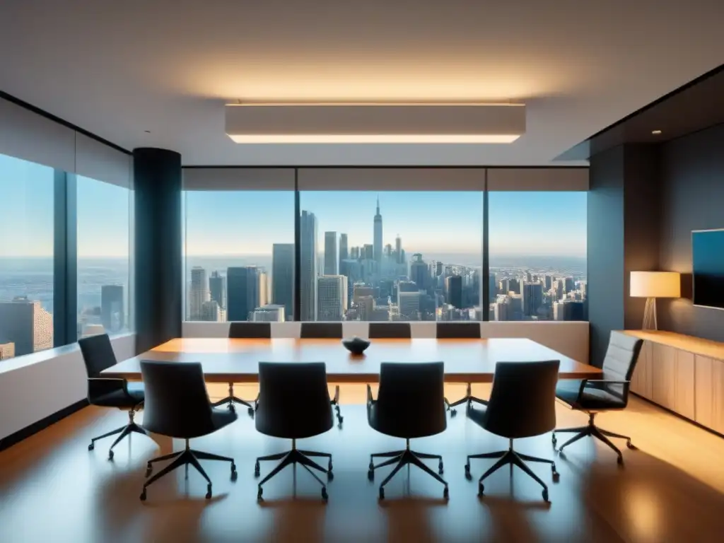 Sala de Conferencias Futurista en Edificio Histórico Una sala de conferencias moderna con diseño minimalista y vistas a la ciudad