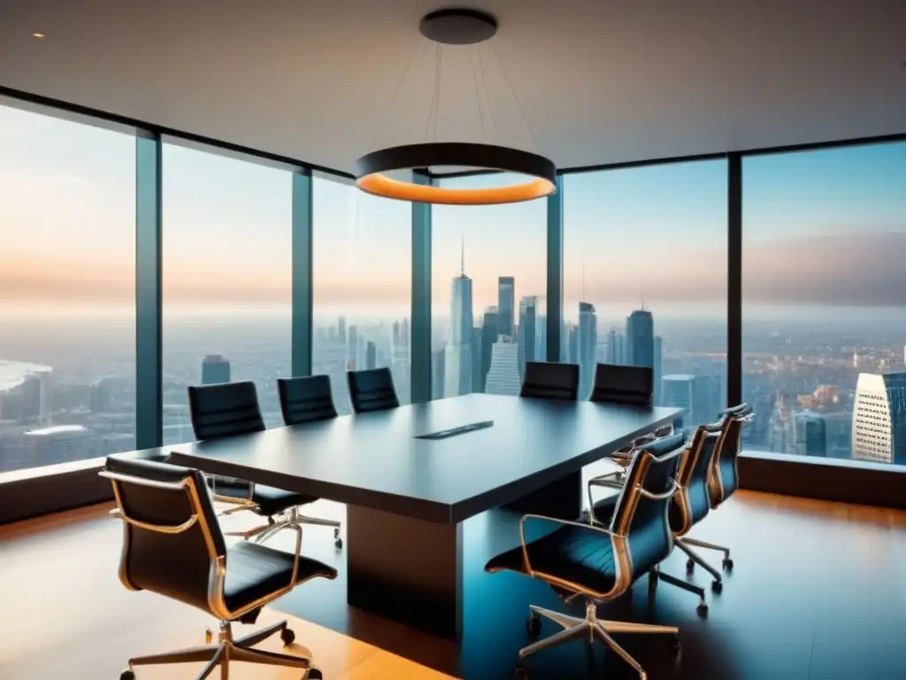 Negociación ética en sala de conferencias moderna con vistas a la ciudad Una sala de conferencias moderna y elegante con vista a la bulliciosa ciudad, bañada en luz natural