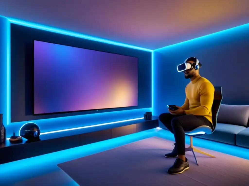 Salón futurista de alta tecnología en 8k Una sala de estar futurista con mobiliario minimalista, gadgets de alta tecnología y auriculares de realidad virtual estratégicamente ubicados