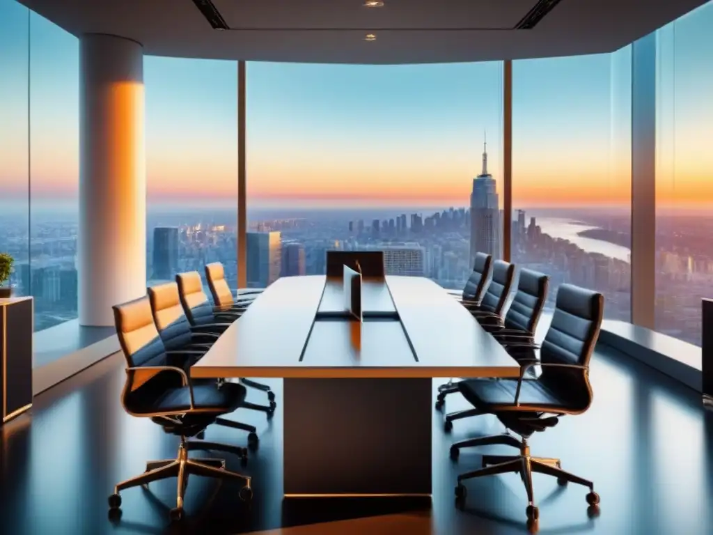 Sala de juntas moderna con vista panorámica al atardecer Una sala de juntas elegante y moderna con vista panorámica a la ciudad al atardecer