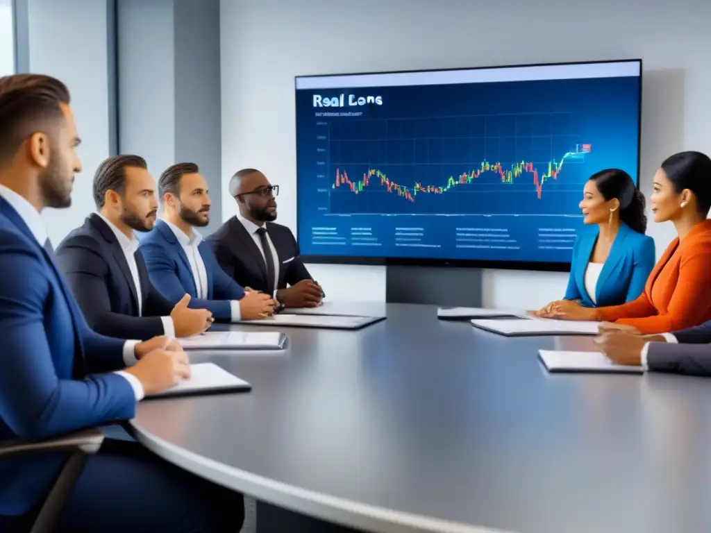 Inversores inmobiliarios estratégicos en sala de juntas moderna Una sala de juntas moderna con inversionistas inmobiliarios discutiendo documentos sobre préstamos puente