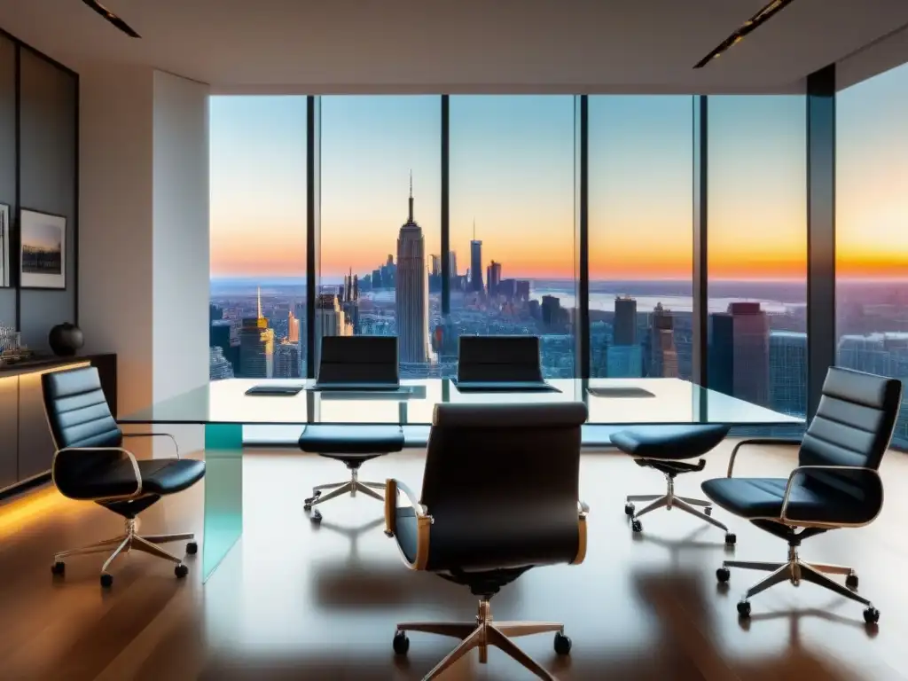 Salón de negocios de lujo con vista panorámica al atardecer Sala de juntas moderna y lujosa con vista panorámica de la ciudad al atardecer