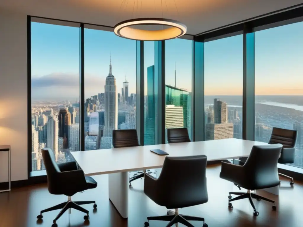 Salón de reuniones de lujo para resolver disputas inmobiliarias Una sala de juntas moderna y lujosa con vista a la ciudad