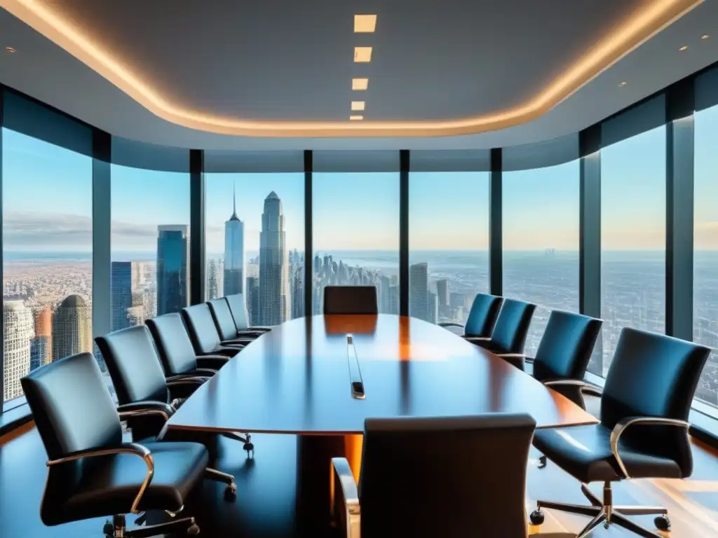 Sala de juntas de lujo con vista a la ciudad Una sala de juntas moderna y lujosa, bañada en luz natural con vista a la ciudad