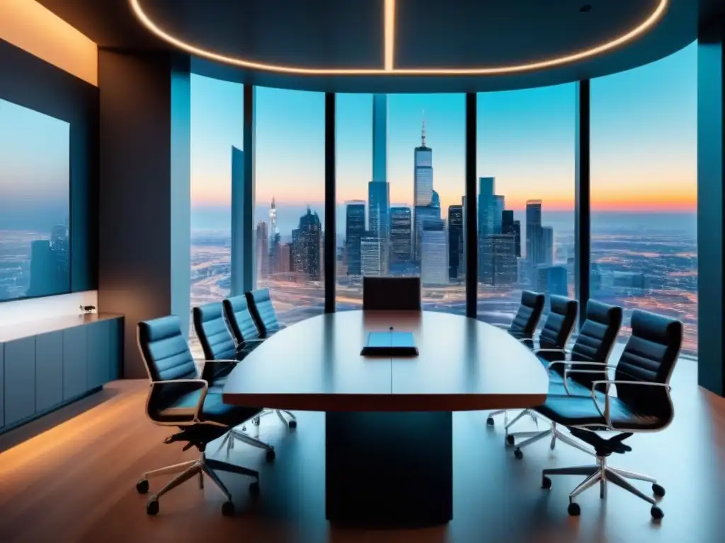 Oficina ejecutiva de lujo con vista a la ciudad y tecnología de vanguardia Sala de juntas moderna con vista a la ciudad, planificación estrategias salida inversiones inmobiliarias