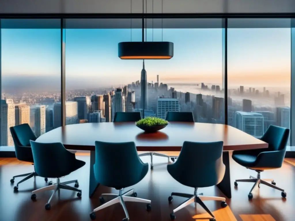 Sala de juntas moderna con vista panorámica a la ciudad Una sala de juntas moderna con vista panorámica a la ciudad, rodeada de paredes de vidrio