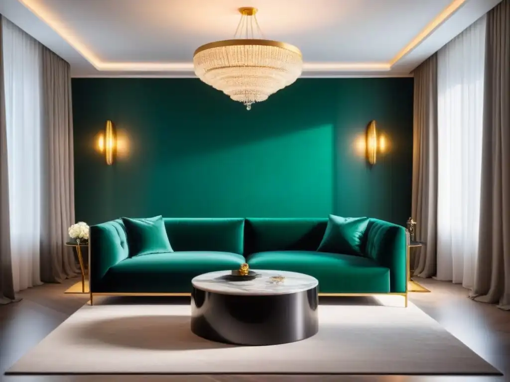 Sofá de terciopelo verde y arte contemporáneo en salón de lujo Sala de estar de lujo moderno con diseño a medida: sofá de terciopelo verde, mesa de mármol y arte contemporáneo