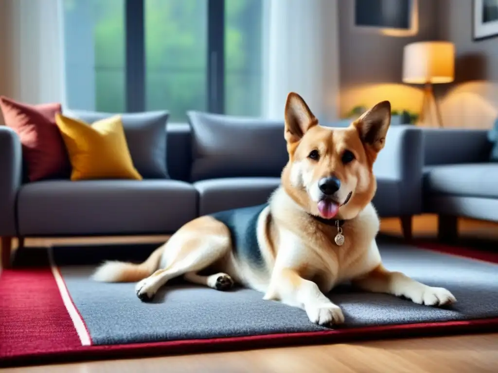 Hogar seguro y feliz con perro: ¡Inclúyelo en tu póliza de seguro! Una sala moderna con un acogedor sofá, una mascota peluda y una familia sonriente, reflejando un hogar seguro y apacible