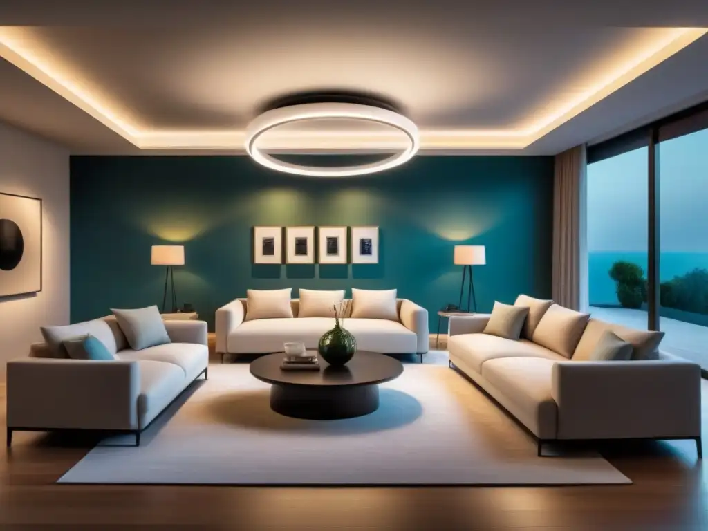 Salón moderno iluminado con tecnología smart: diseño elegante y contemporáneo Una sala moderna iluminada con elegantes accesorios de iluminación inteligente para aumentar valor