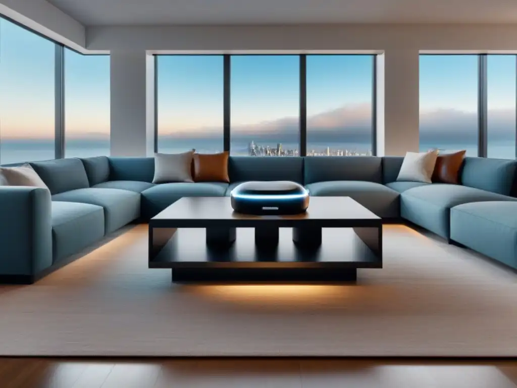 Innovación virtual: Sala de estar moderna con auriculares VR Una sala moderna con VR iluminados, fusionando lo tradicional con lo innovador