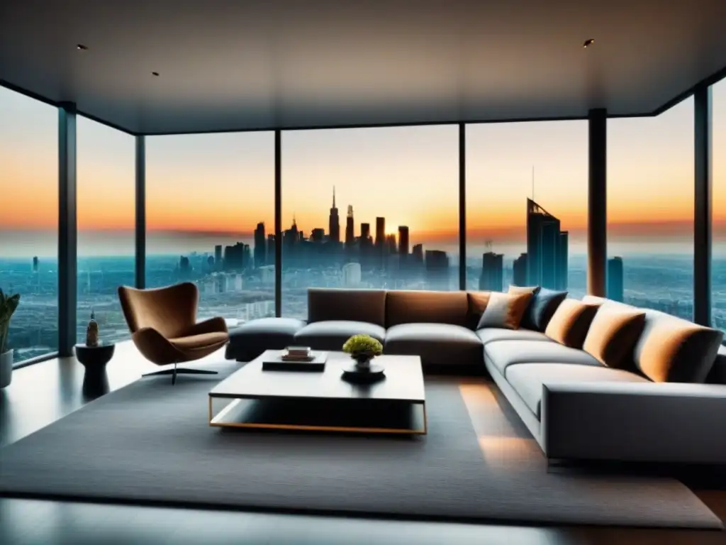 Refinanciación de lujo: sala moderna con vista panorámica al atardecer Sala de estar moderna de lujo con vista a la ciudad al atardecer, reflejando el refinanciamiento mercado inmobiliario impacto
