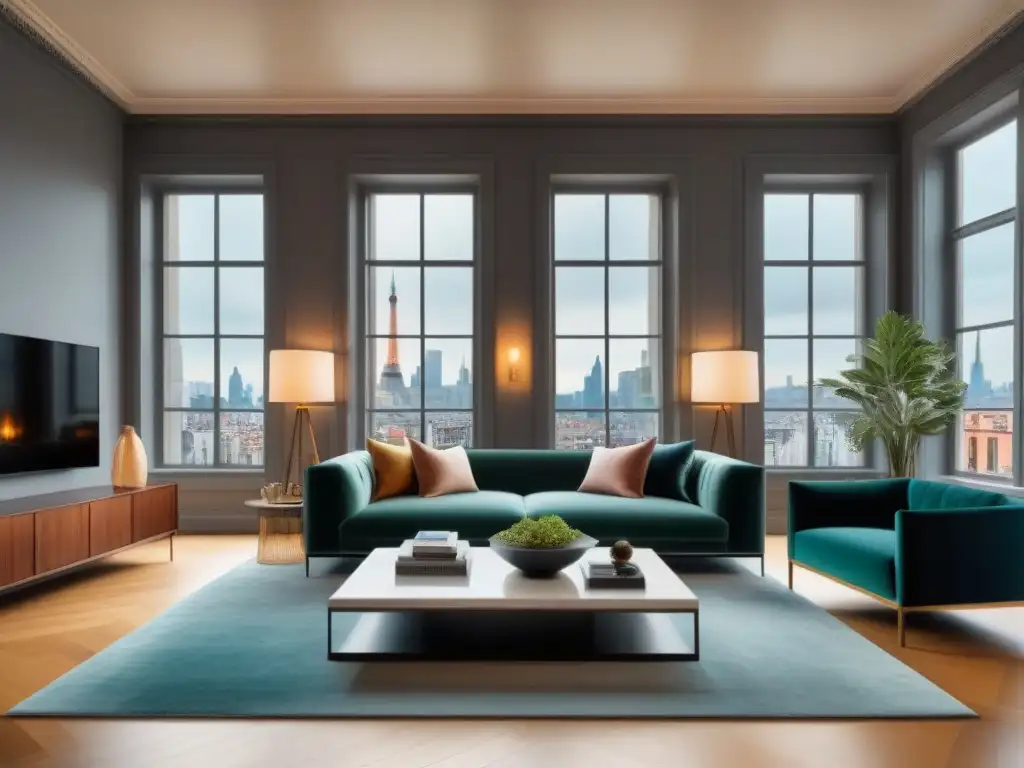 Salón moderno de lujo con toques históricos y vistas a la ciudad Una sala de estar moderna y lujosa con muebles minimalistas bañados en luz natural, con vista a un paisaje urbano histórico