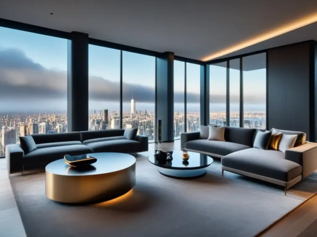Salón de lujo con vista urbana y realidad virtual Sala de estar moderna y lujosa con vistas a la ciudad y auriculares de realidad virtual en la mesa