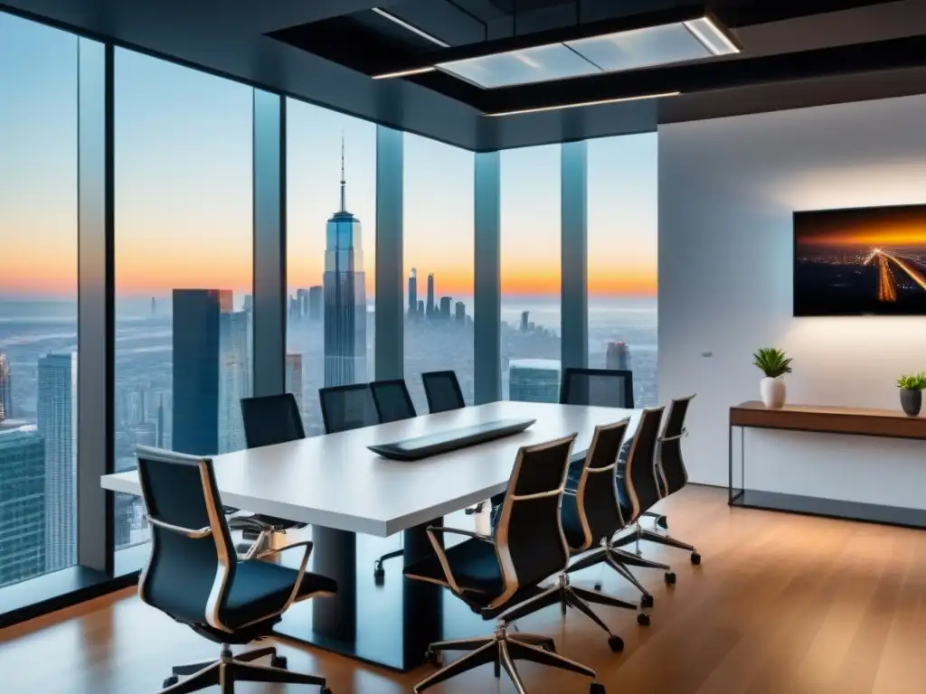 Oficina moderna con vista urbana y profesionales en reunión Una sala de oficina moderna y sofisticada con vista a la ciudad, profesionales discutiendo datos de mercado inmobiliario