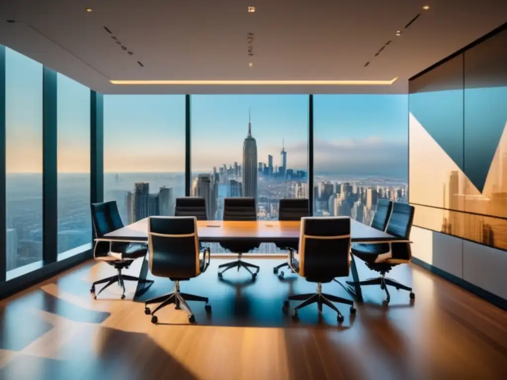 Oficina moderna de lujo con vista a la ciudad: reunión estratégica de inversores Sala de reuniones moderna con vista a la ciudad, profesionales discutiendo modelos predictivos inversión inmobiliaria