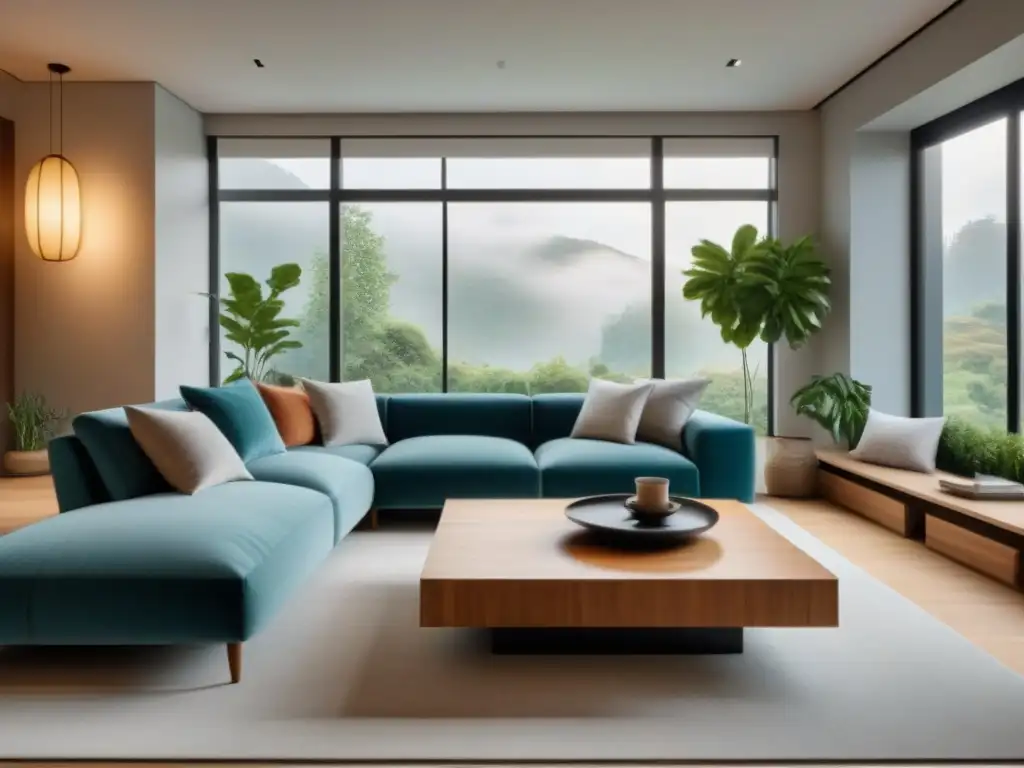 Salón Feng Shui contemporáneo: armonía y elegancia en 8k Un salón contemporáneo con diseño Feng Shui en arquitectura, equilibrio y elegancia moderna