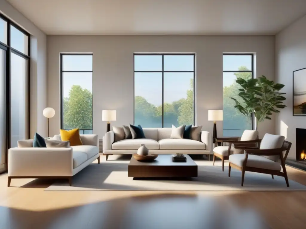 Salón contemporáneo: diseño elegante y luminoso con muebles modernos Un salón contemporáneo diseñado con elegancia, decoración minimalista y luz natural