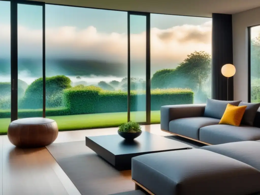 Salón contemporáneo con vista a jardín, diseño minimalista y luz natural Salón contemporáneo con muebles elegantes y decoración minimalista, ventana grande con vista a jardín verde, integrando espacio interior y exterior