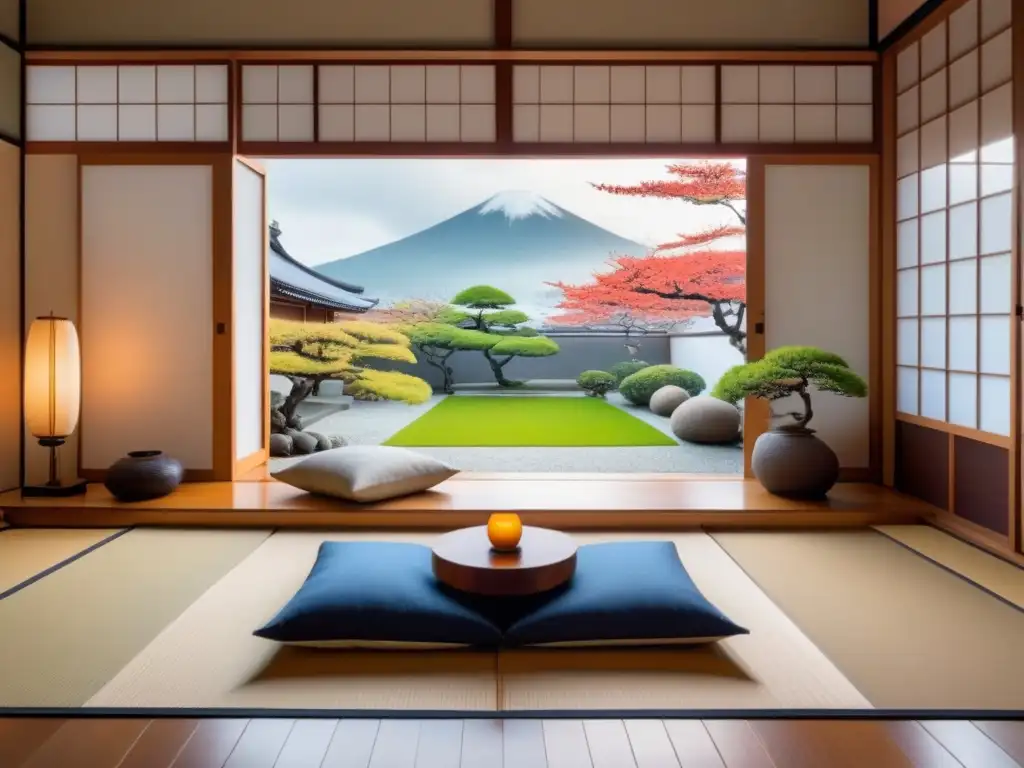 Salón japonés minimalista: armonía y serenidad Salón japonés minimalista con mobiliario sencillo, pantalla shoji y alcoba tokonoma