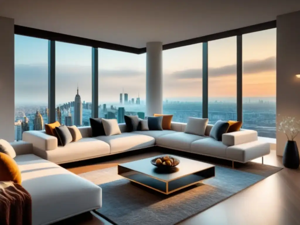 Sofisticada sala de estar en apartamento de lujo Salón de lujo en apartamento exclusivo con diseño elegante y vista a la ciudad