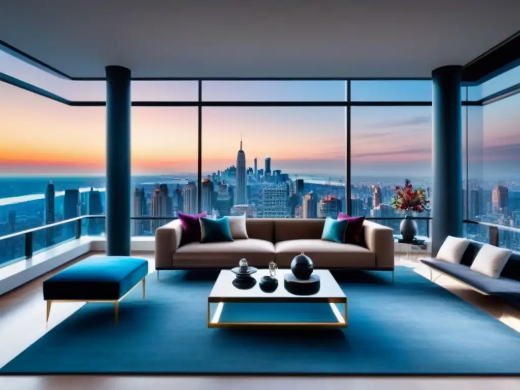 Salón de lujo en penthouse: elegancia y confort en la ciudad Salón de lujo en un ático de alta gama con mobiliario contemporáneo, decoración elegante y vistas a la ciudad