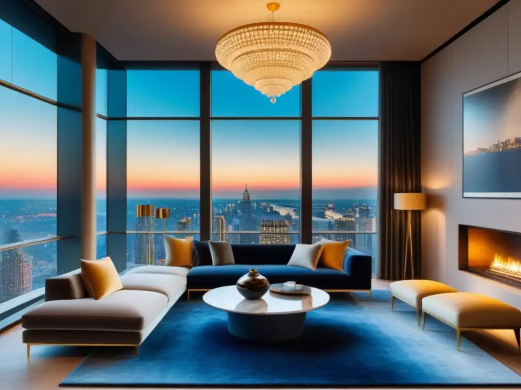 Salón de lujo en ático: mármol, terciopelo y vistas nocturnas Salón de lujo en ático con diseño y decoración propiedades lujo: muebles de diseñador, chimenea de mármol y vista panorámica nocturna de la ciudad