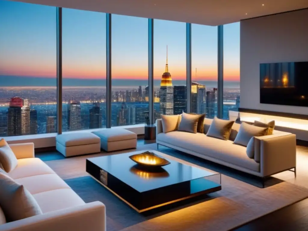 Salón de lujo en penthouse con vista a la ciudad al anochecer Salón de lujo en ático con vista panorámica de ciudad al atardecer, ideal para compradores de propiedades de lujo
