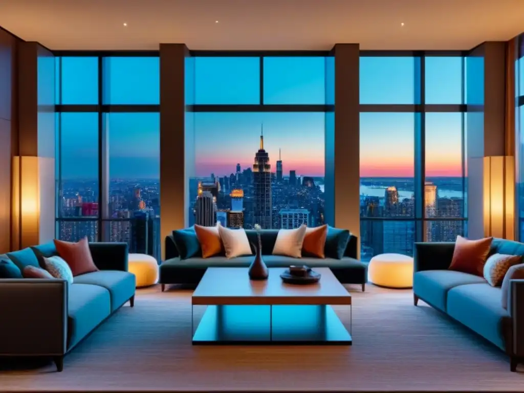 Salón de lujo con vista a la ciudad al atardecer Salón de lujo con decoración sofisticada, muebles elegantes y vista a la ciudad al atardecer