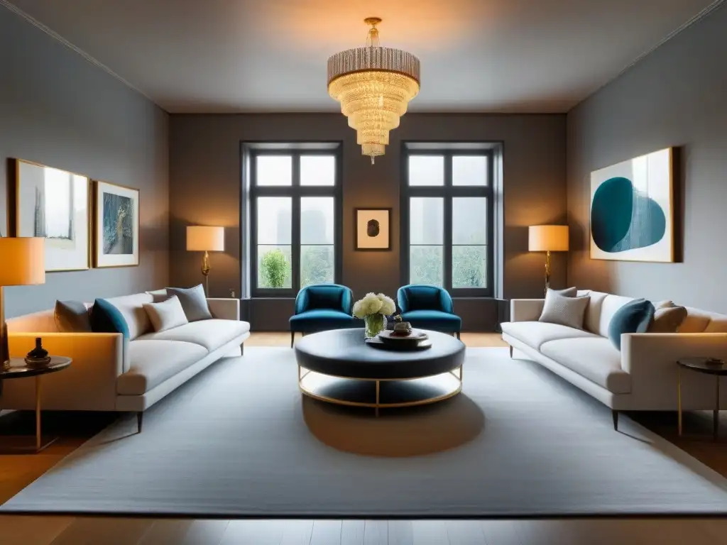 Salón de lujo fusionando lo moderno con lo antiguo Salón de lujo con fusión de elementos modernos y antiguos, ideal para estrategias de inversión avanzadas inmobiliarias