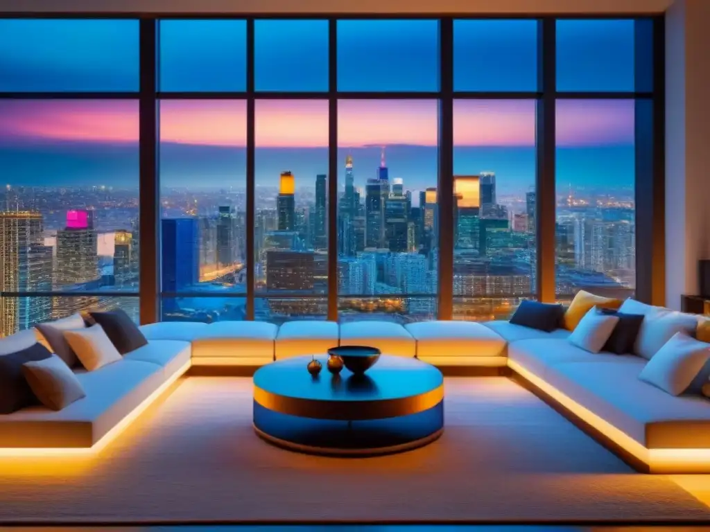 Salón moderno de lujo con vista nocturna a la ciudad Salón de lujo con mobiliario elegante y vista nocturna de la ciudad