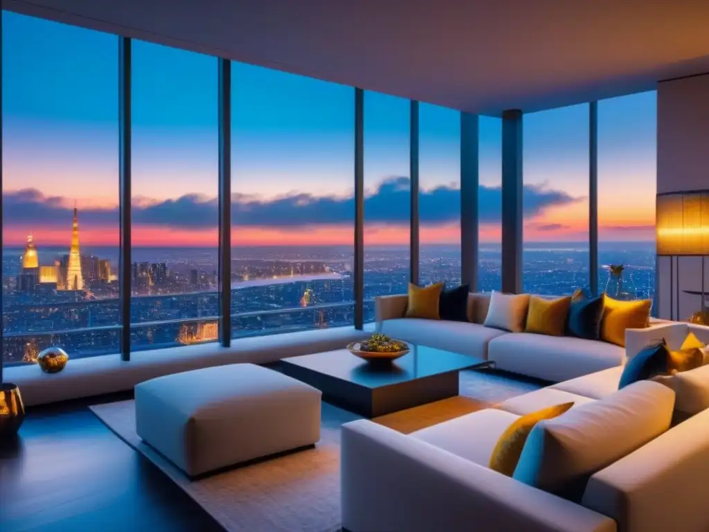 Salón de lujo con arte contemporáneo en penthouse urbano Salón de lujo moderno con impacto de arte en el mercado inmobiliario