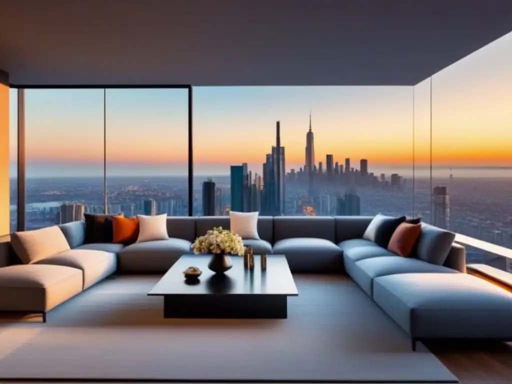 Salón de lujo con vista a la ciudad al atardecer Salón de lujo moderno con vista a la ciudad al atardecer, ideal para Consejos visitas propiedades lujo