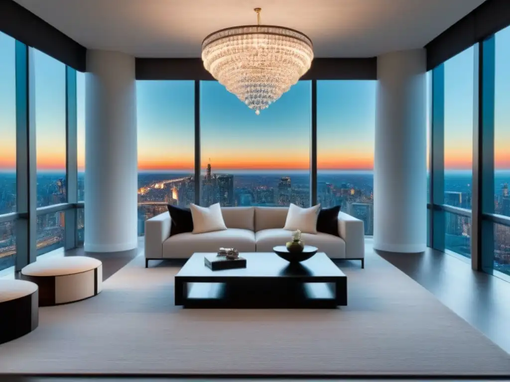 Sofisticado salón de lujo en penthouse: diseño contemporáneo y exclusividad Salón de lujo en penthouse con diseño contemporáneo y vista panorámica, ideal para estrategias redes sociales mercado lujo