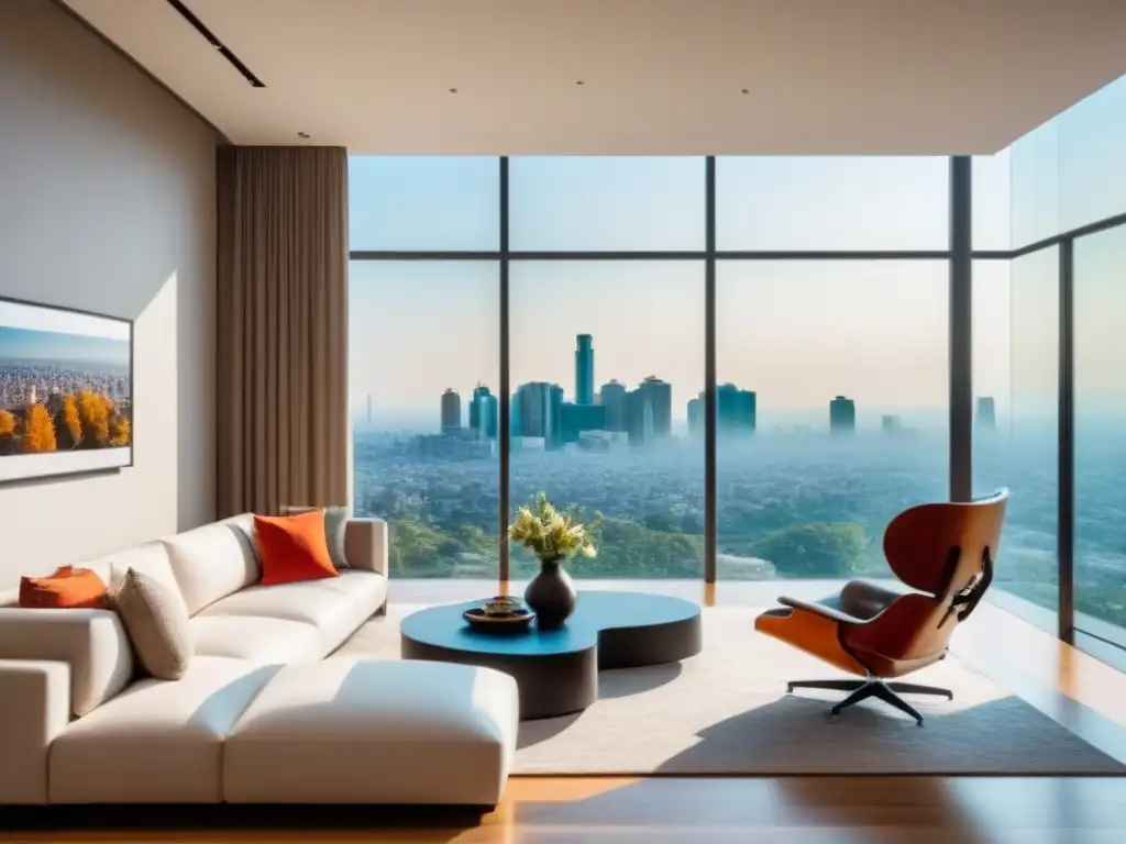 Lujo urbano en CDMX: Sala moderna con vista panorámica Salón de lujo en propiedad de alta gama en una de las mejores zonas de la Ciudad de México, con mobiliario de diseño y vista panorámica de la ciudad
