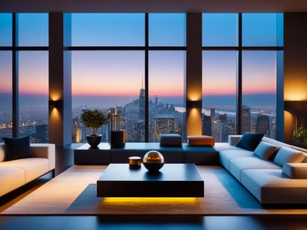 Sala de estar de lujo con vista nocturna a la ciudad Salón de lujo en propiedad exclusiva con vista nocturna de ciudad